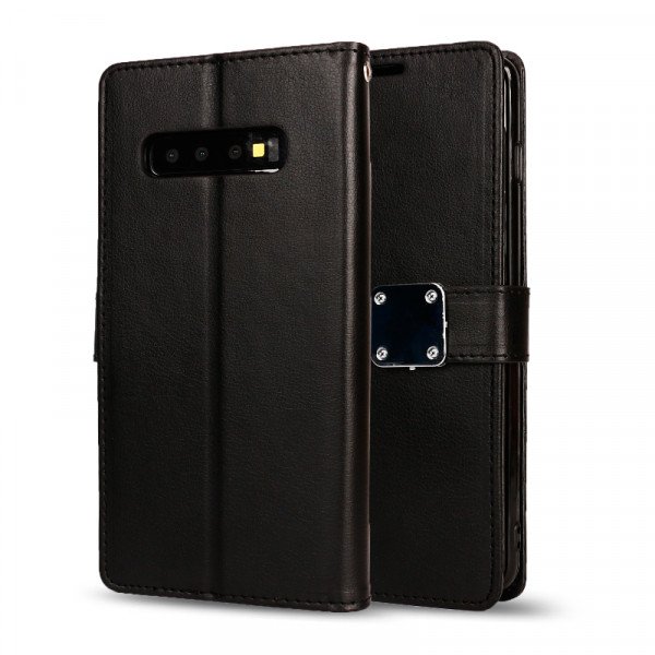 Wholesale Galaxy S10 Multi Pockets Folio Flip Leather Wallet Case with Strap (Black)